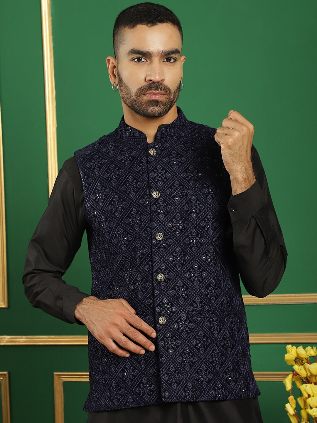 

Jompers Embroidered Mandarin Collar Nehru Jackets, Navy blue