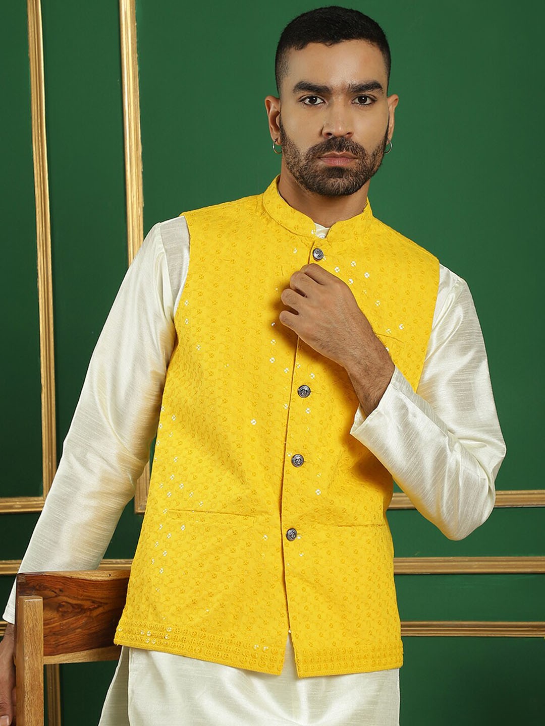 

Jompers Embroidered Mandarin Collar Sleeveless Nehru Jackets, Yellow