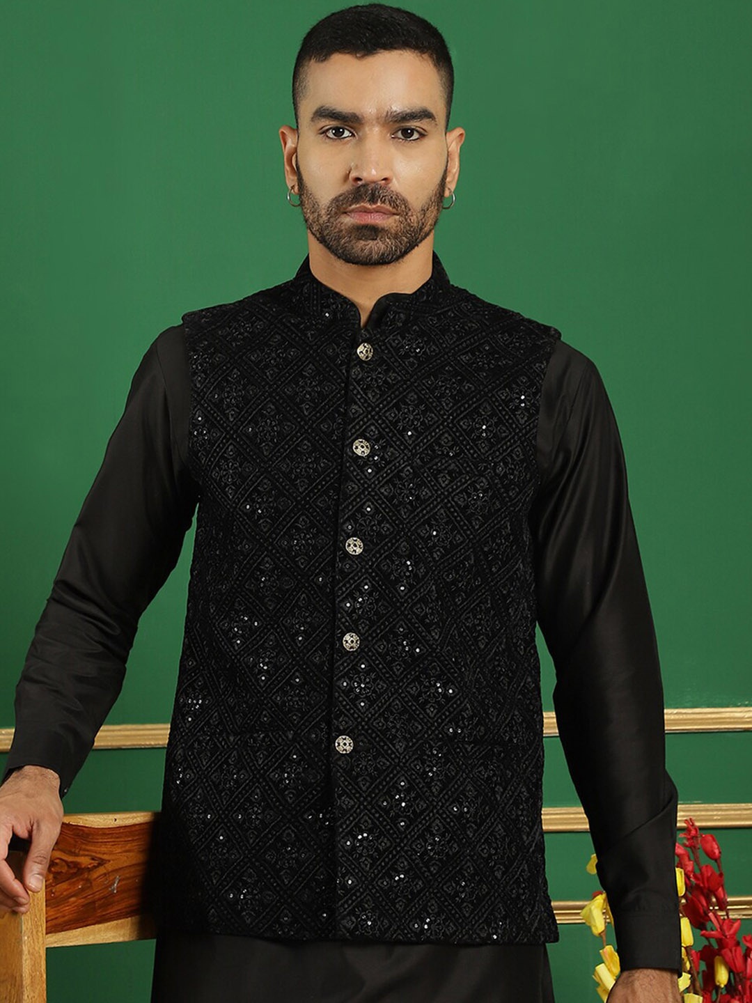 

Jompers Sequin Embroidered Mandarin Collar Velvet Nehru Jacket, Black