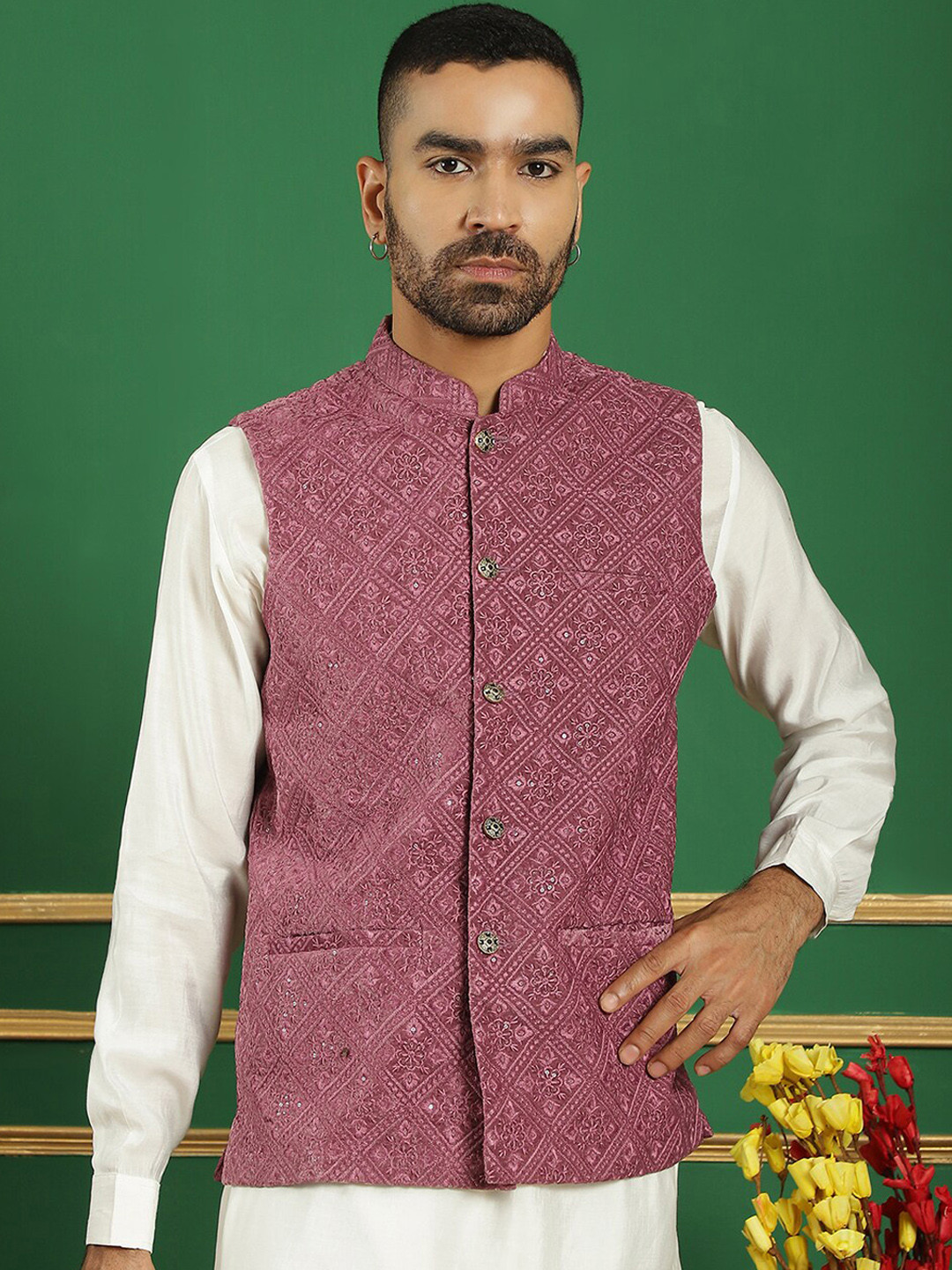 

Jompers Embroidered Mandarin Collar Nehru Jackets, Magenta