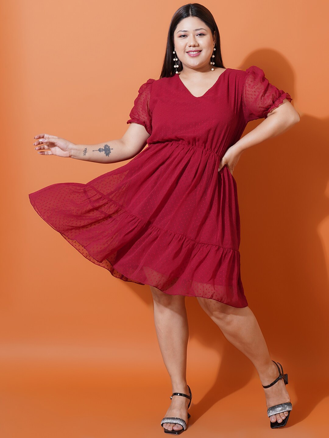 

U&F Beyond Plus Size Self Design V-Neck Puff Sleeve Georgette Tiered Fit & Flare Dress, Maroon