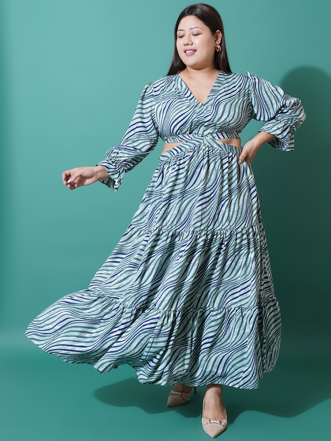 

U&F Beyond Plus Size Abstract Printed Bell Sleeves Cut-Outs Fit and Flare Maxi Dress, White