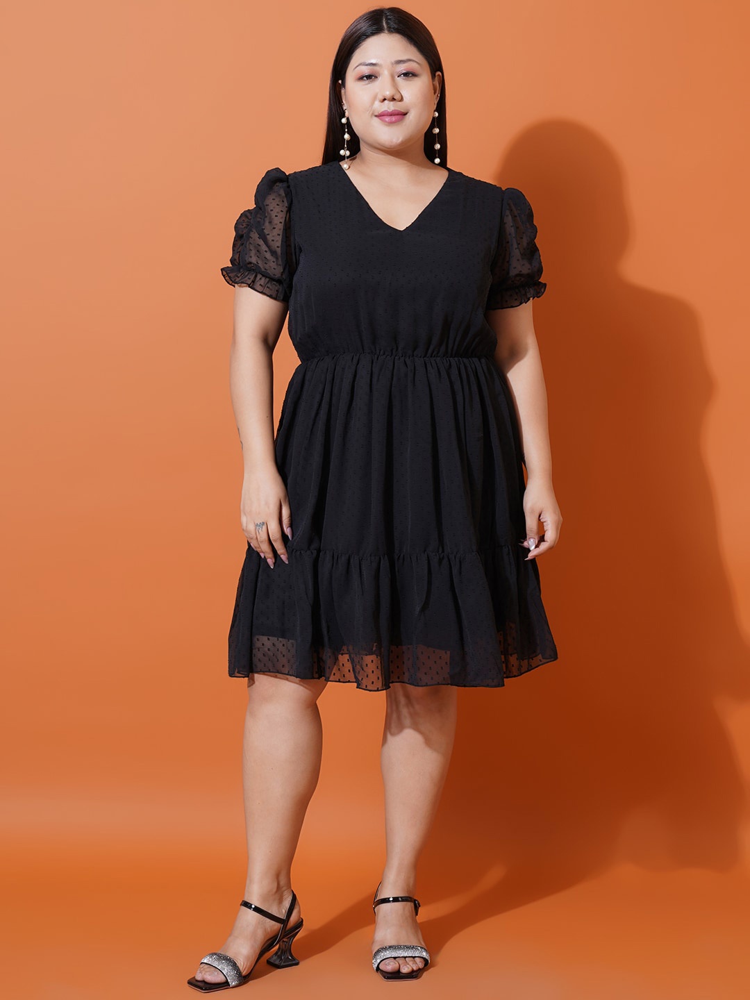 

U&F Beyond Plus Size Self Design Puffed Sleeves Tiered Georgette Fit & Flare Dress, Black