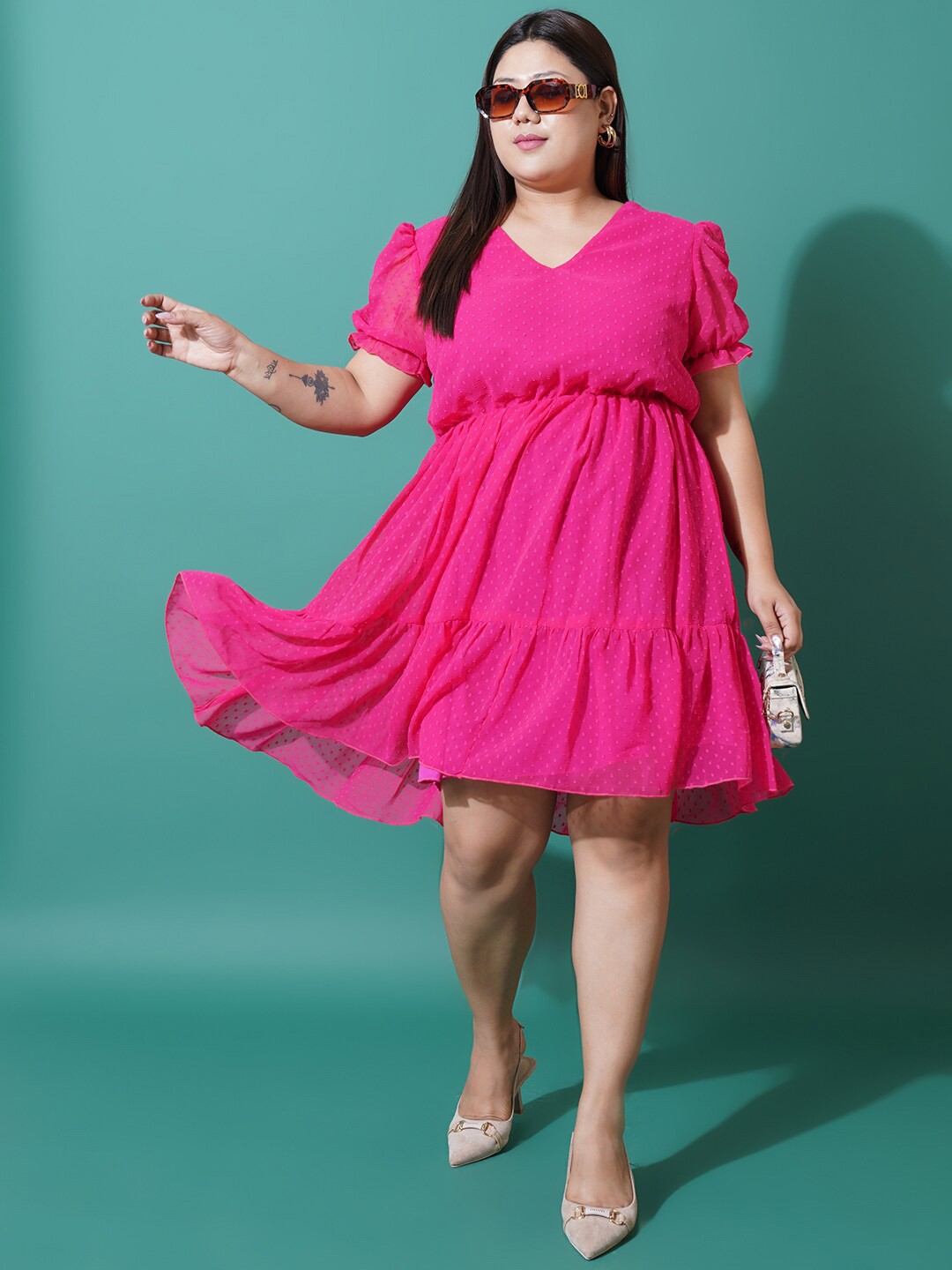 

U&F Beyond Plus Size Self Design V-Neck Puff Sleeve Georgette Tiered Fit & Flare Dress, Magenta