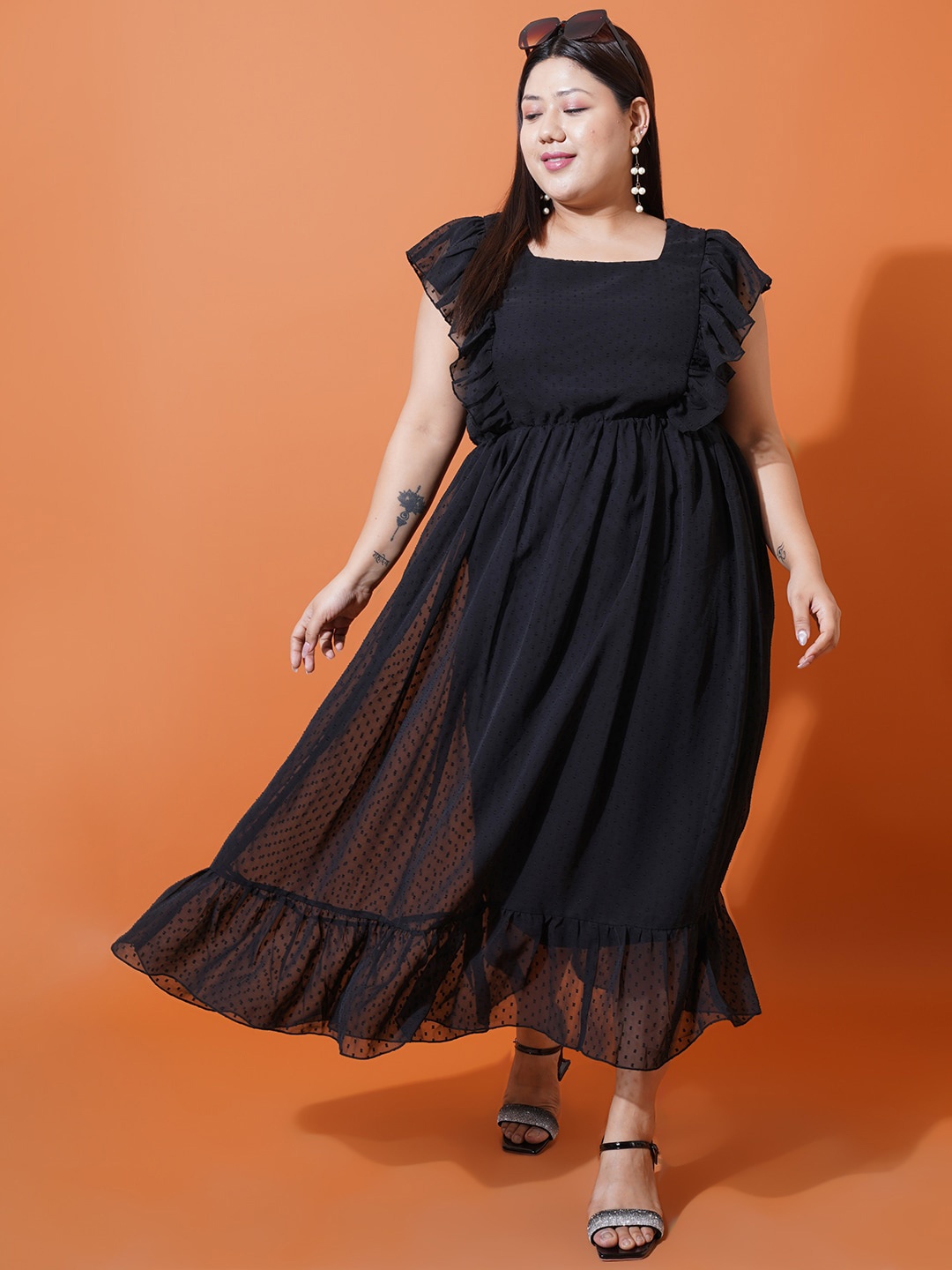 

U&F Beyond Self Design Square Neck Ruffled Georgette Tiered Fit & Flare Maxi Dress, Black