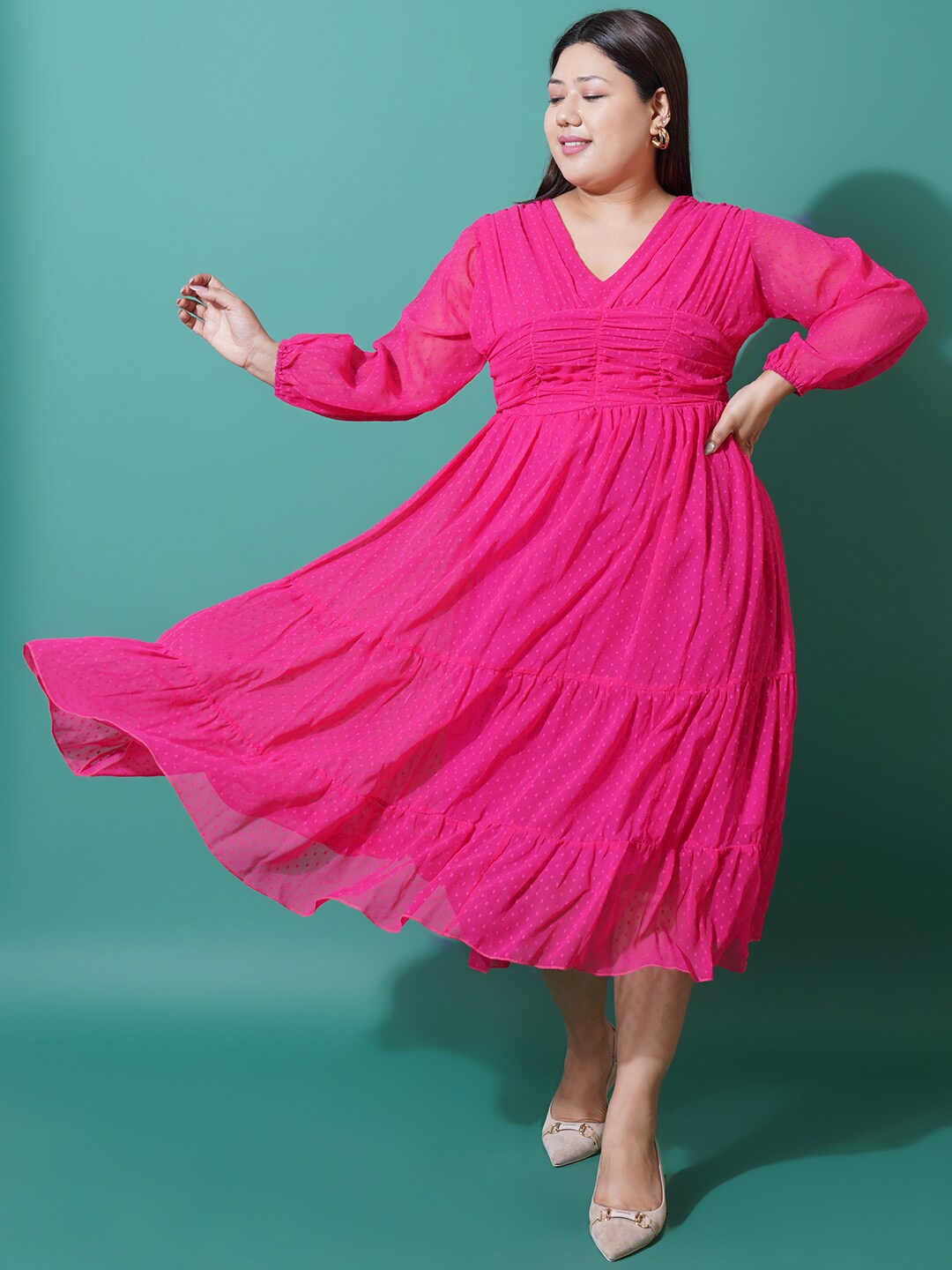 

U&F Beyond Plus Size Self Design V-Neck Puff Sleeve Georgette Tiered Fit & Flare Dress, Magenta