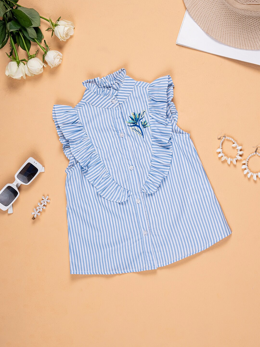

Purple United Kids Girls High Neck Striped Ruffles Cotton Top, Blue