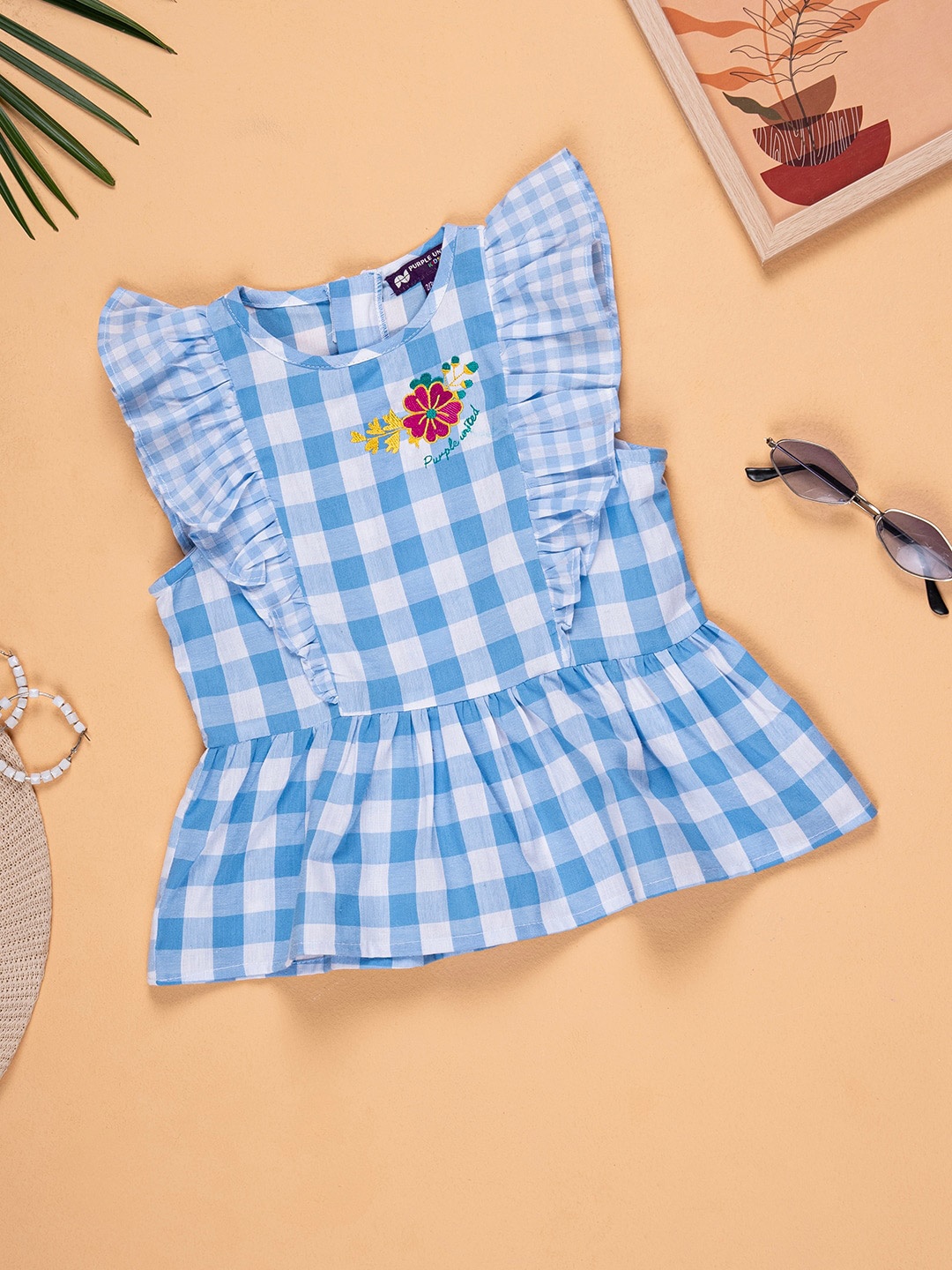 

Purple United Kids Checked Flutter Sleeve Ruffles Cotton Top, Blue