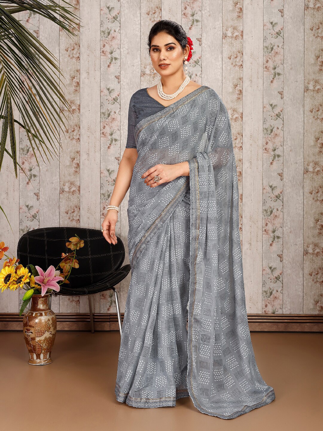 

KALINI Ethnic Motifs Printed Pure Chiffon Saree, Grey