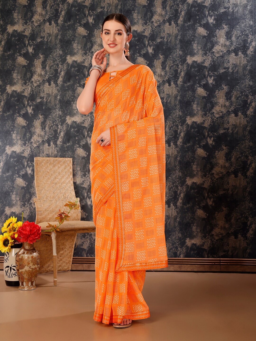 

KALINI Ethnic Motifs Printed Pure Chiffon Saree, Orange