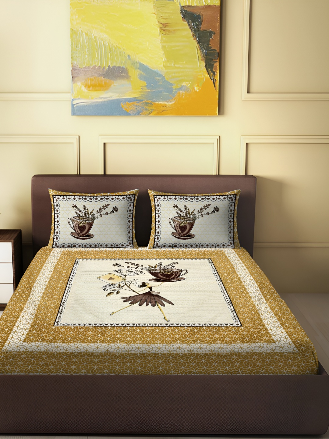 

Spangle Beige & Yellow Graphic Printed Cotton 280 TC King Bedsheet With 2 Pillow Covers