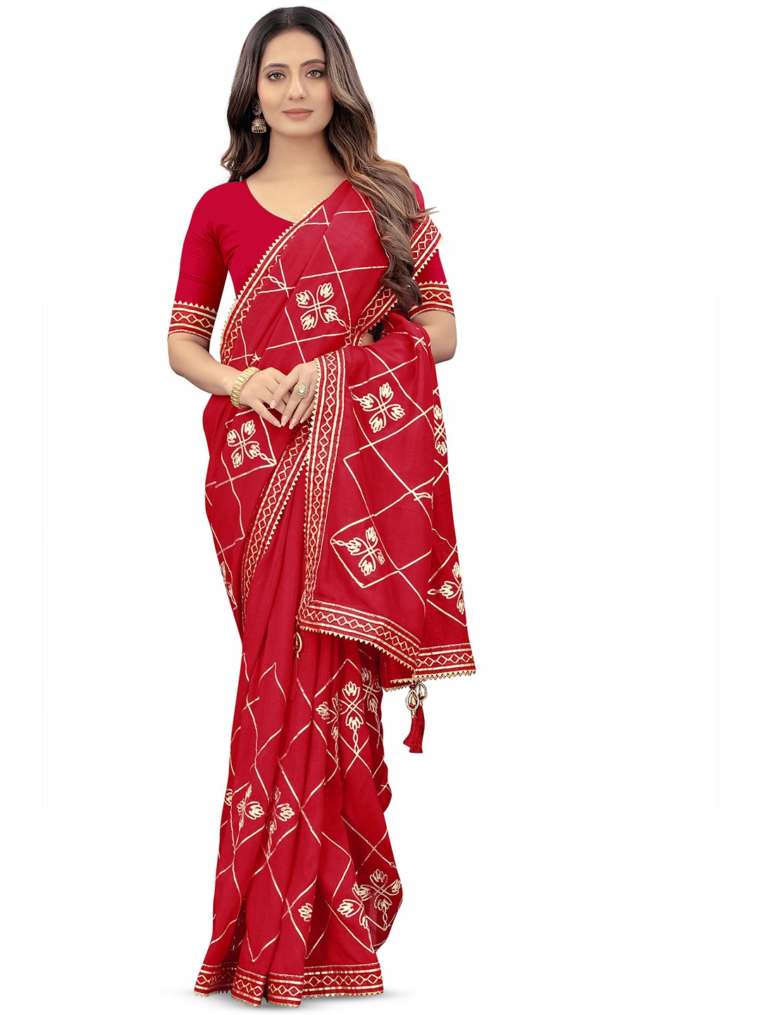 

ALAGINI Ethnic Motifs Embroidered Gotta Patti Banarasi Saree, Red