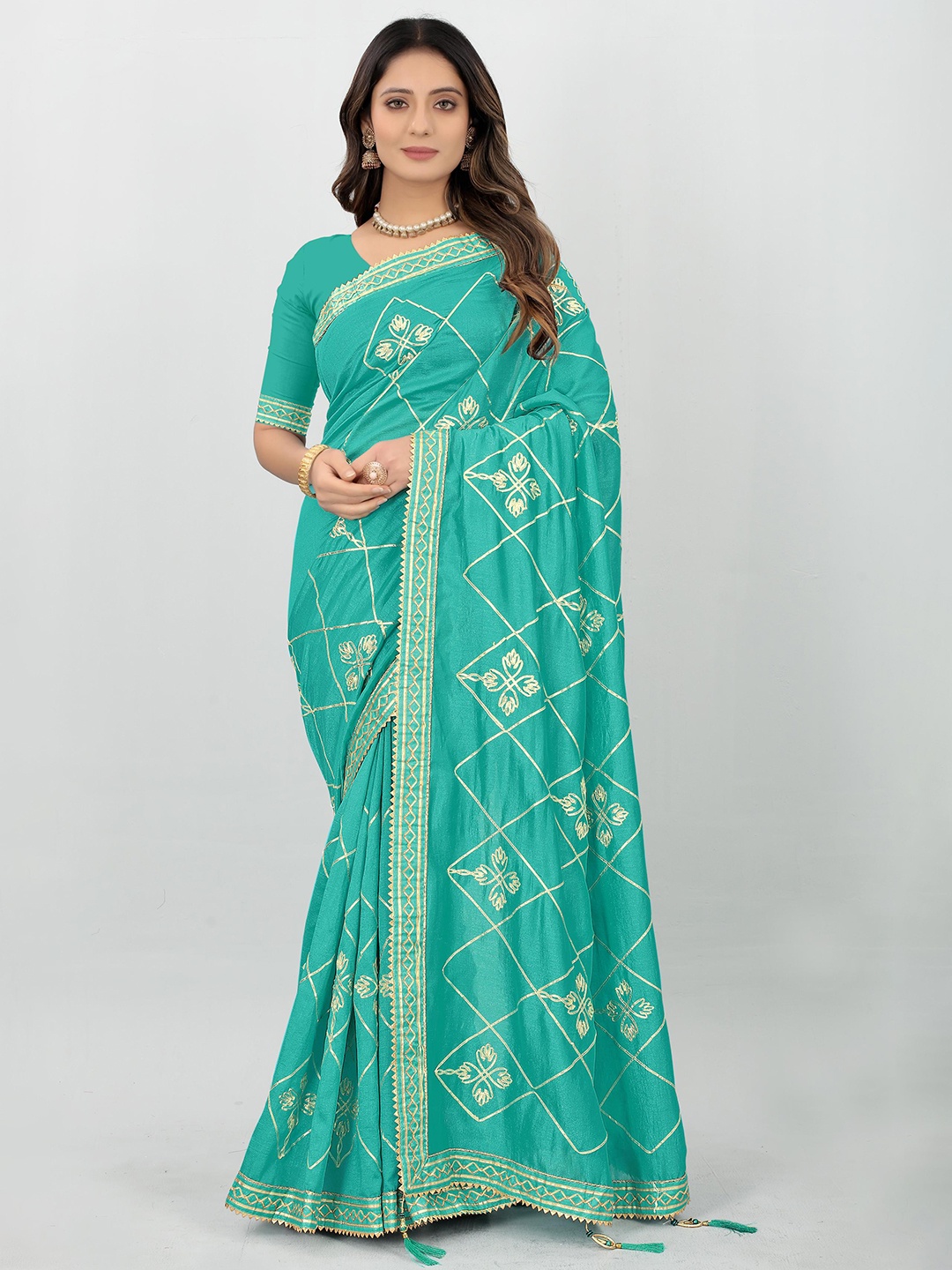 

ALAGINI Ethnic Motifs Embroidered Gotta Patti Banarasi Saree, Teal