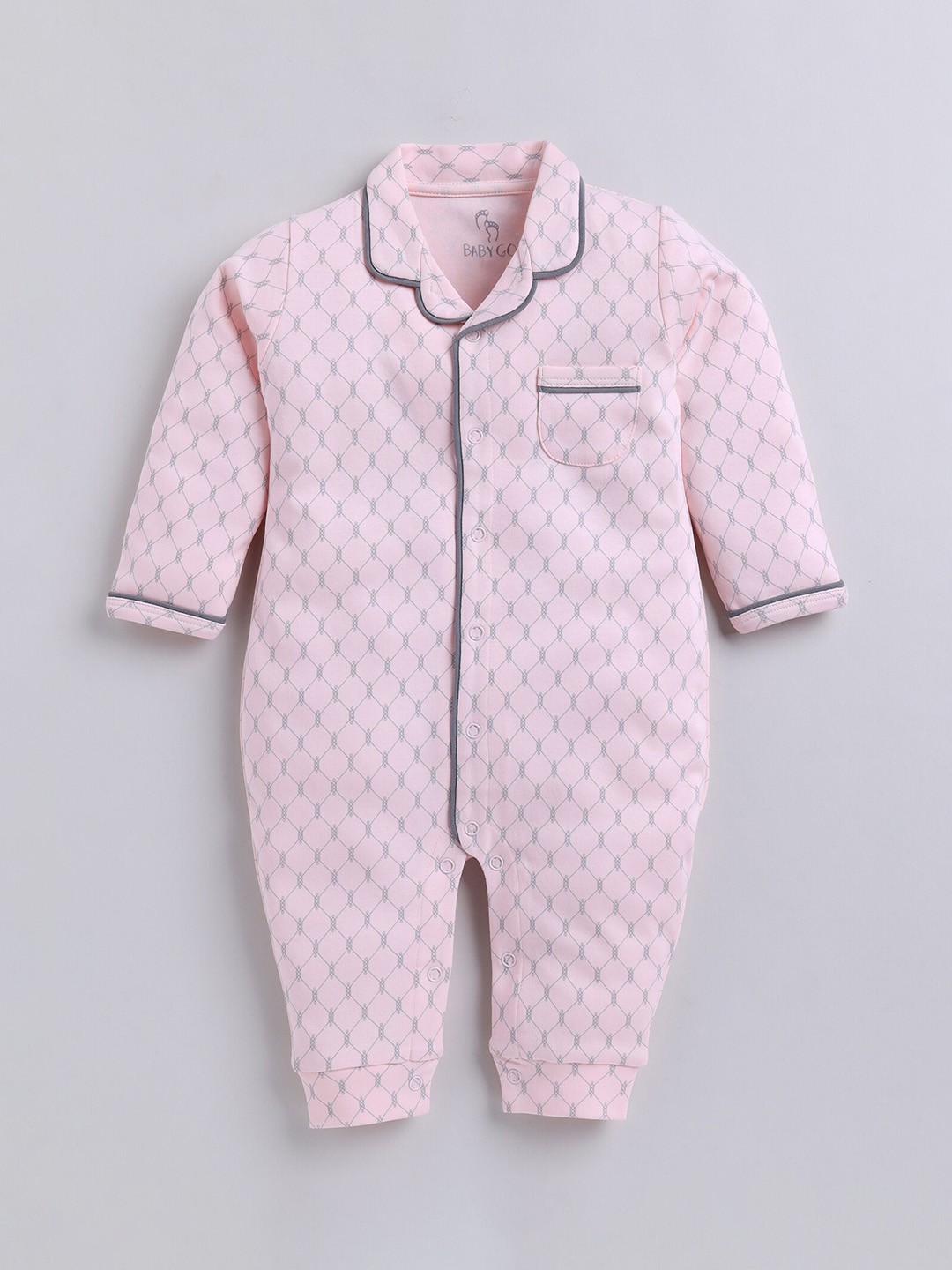 

BABY GO Infant Girls Printed Lapel Collar Pure Cotton Romper, Pink