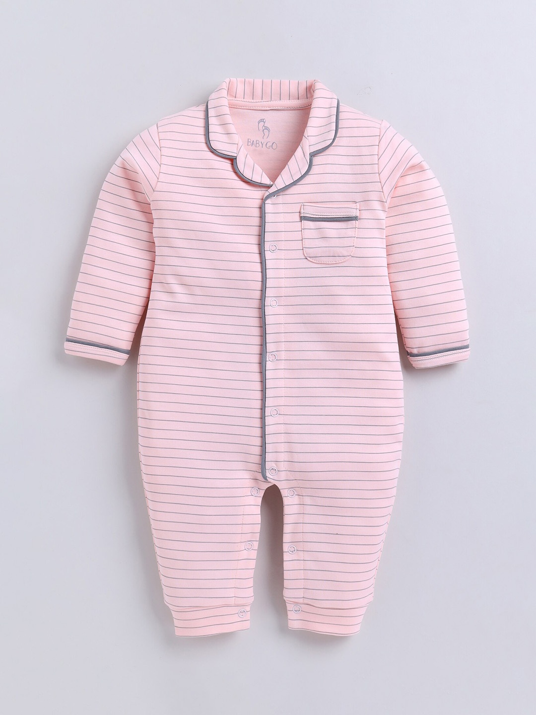 

BABY GO Infant Girls Striped Lapel Collar Cotton Romper, Peach