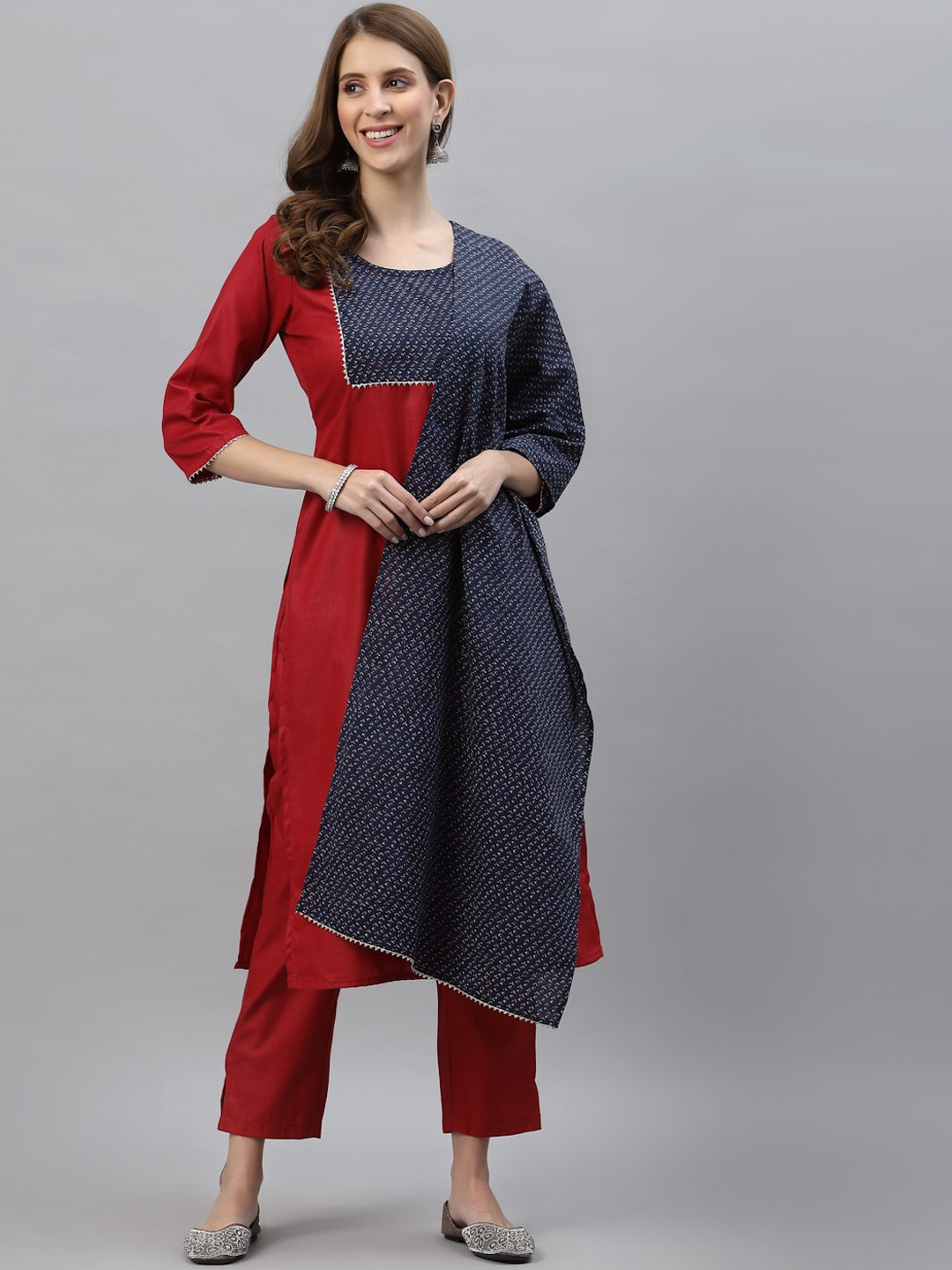 

KALINI Floral Yoke Design Gotta Patti Straight Kurta With Trousers & Dupatta, Maroon