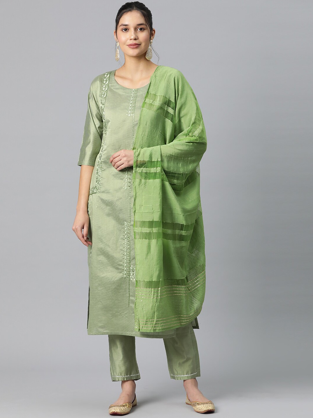 

KALINI Ethnic Motifs Embroidered Straight Kurta with Trousers & With Dupatta, Green