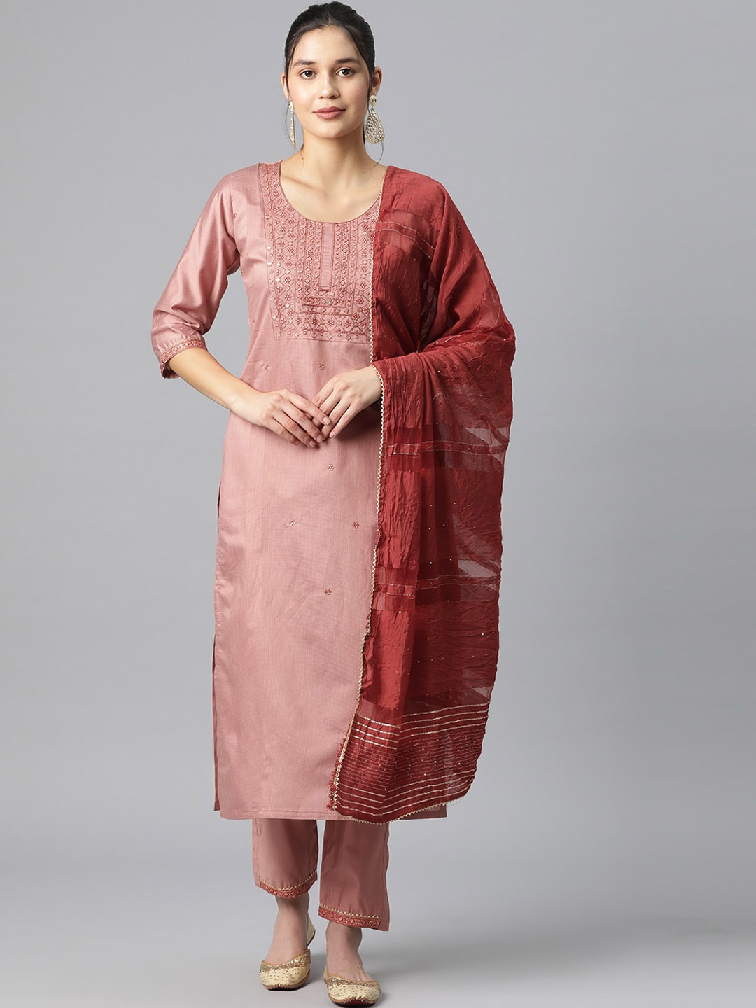 

KALINI Ethnic Motifs Yoke Design Straight Thread Work Kurta With Trousers & Dupatta, Peach