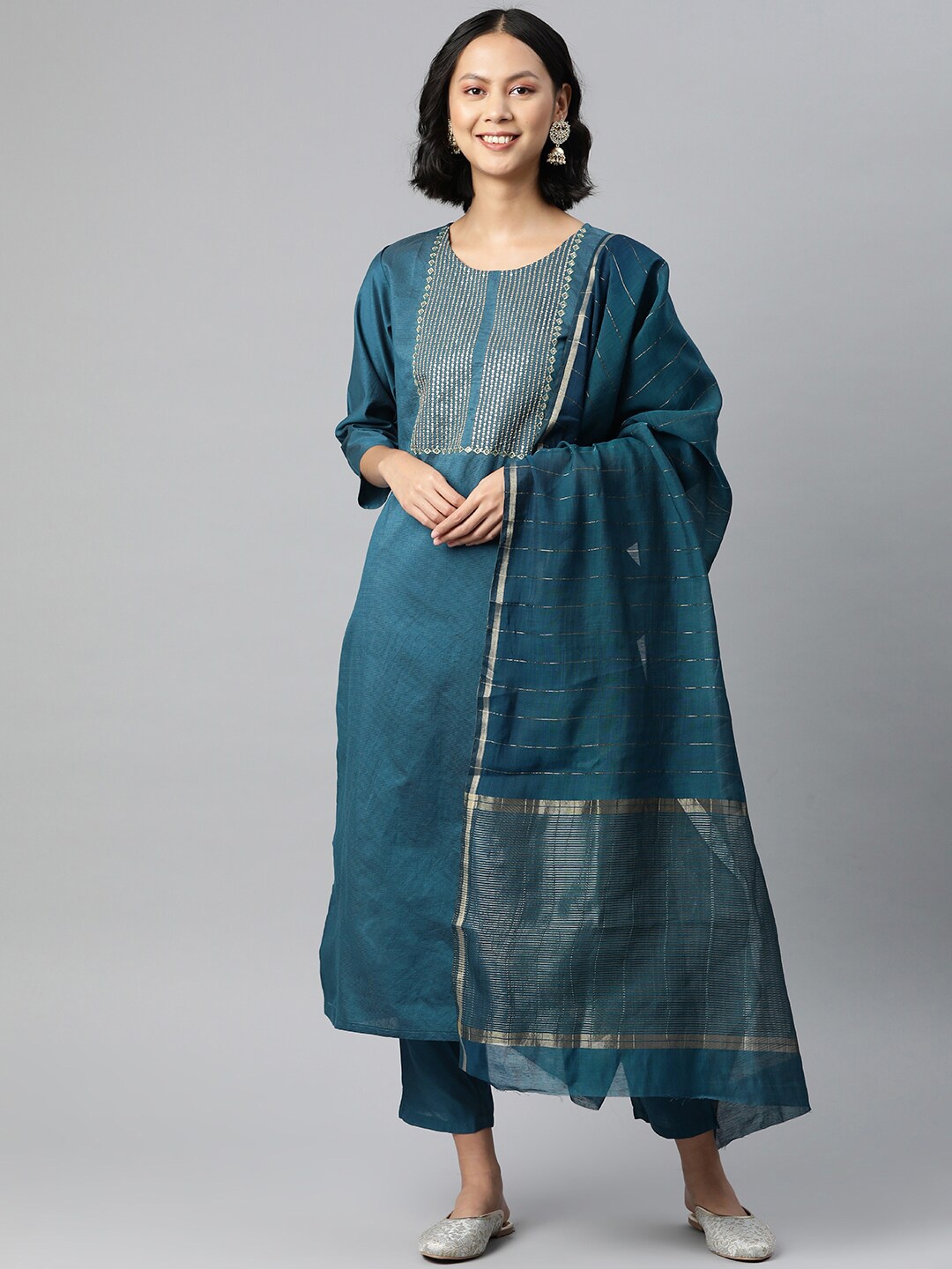 

KALINI Ethnic Motifs Yoke Design Zari Work Straight Kurta With Trousers & Dupatta, Blue