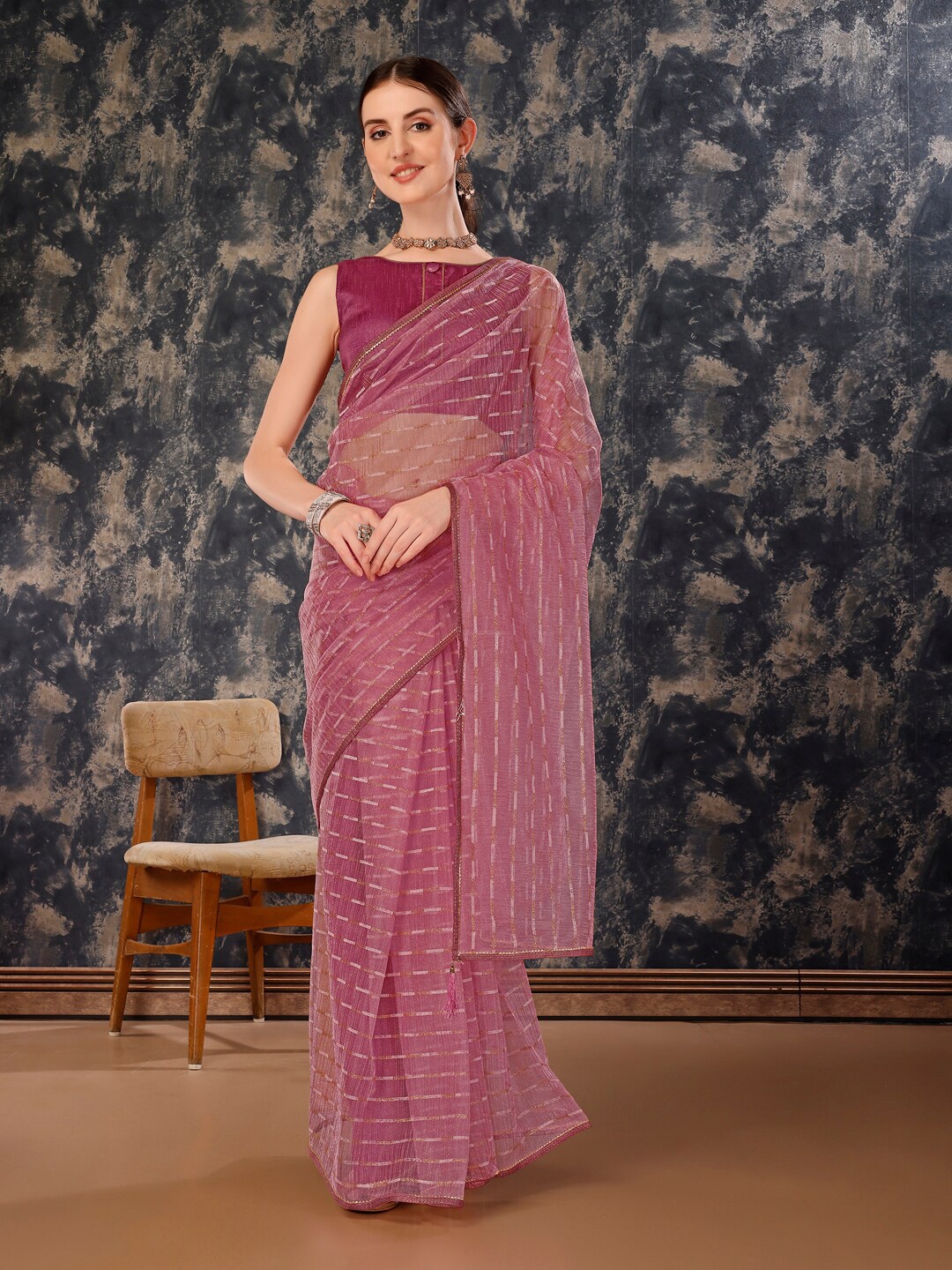 

HERE&NOW Striped Woven Design Pure Chiffon Saree, Purple