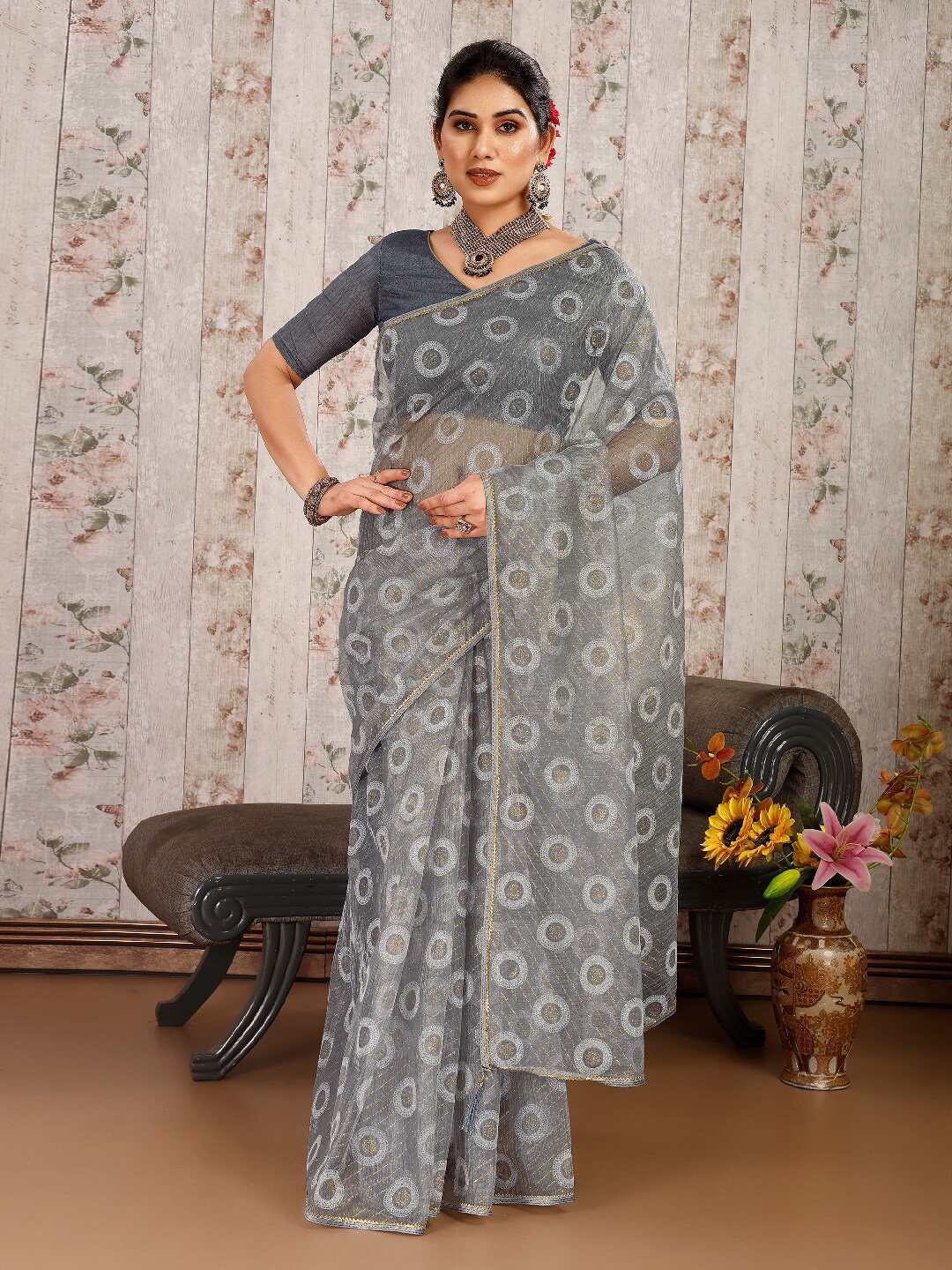 

HERE&NOW Geometric Printed Pure Chiffon Saree, Grey