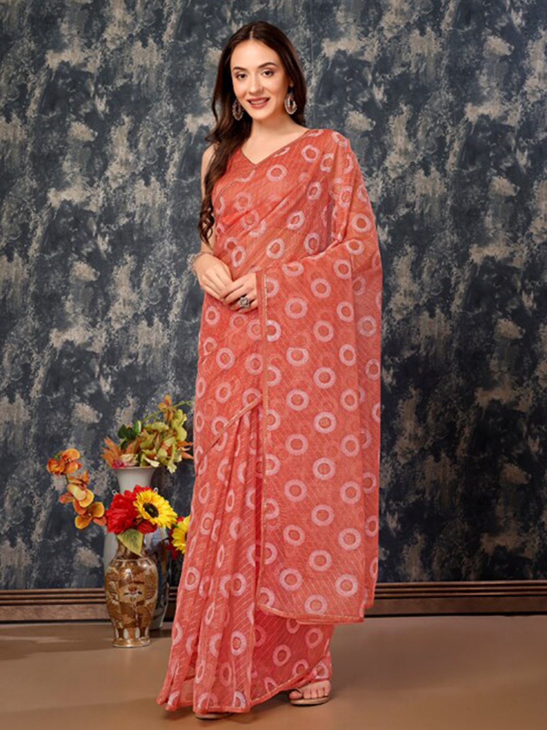 

HERE&NOW Geometric Printed Pure Chiffon Saree, Orange