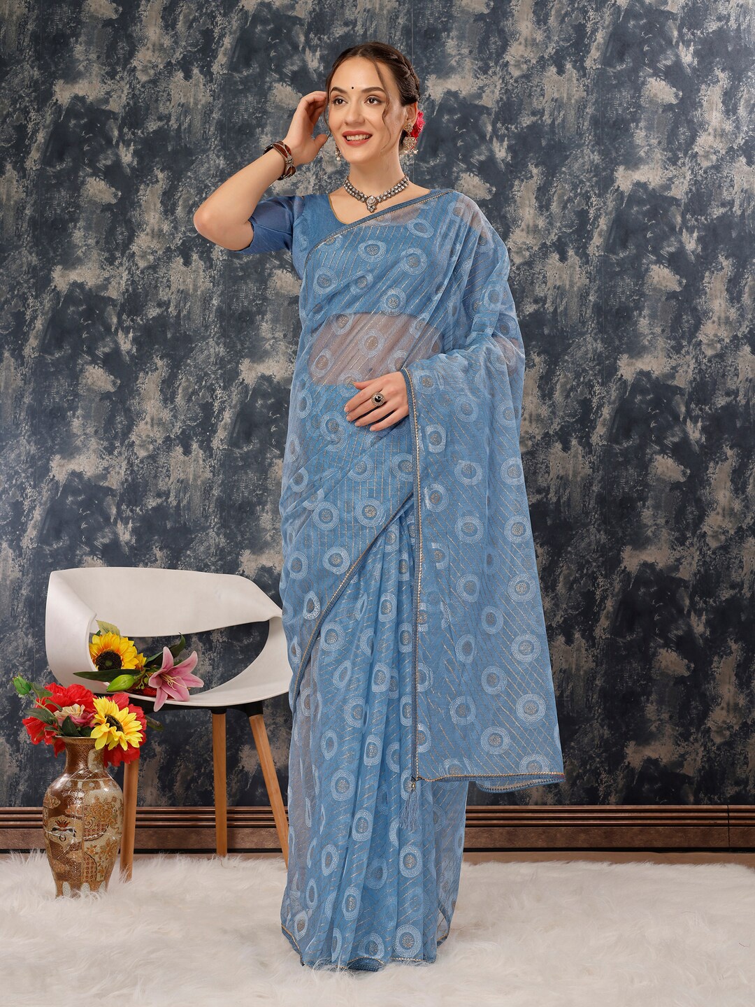 

HERE&NOW Striped Pure Chiffon Saree, Blue