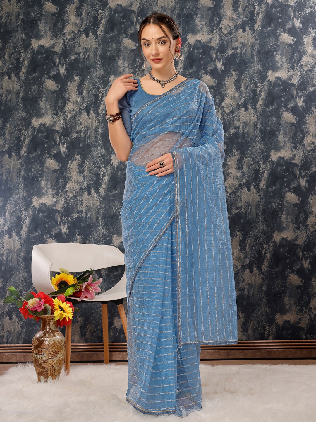 

HERE&NOW Blue Striped Pure Chiffon Saree