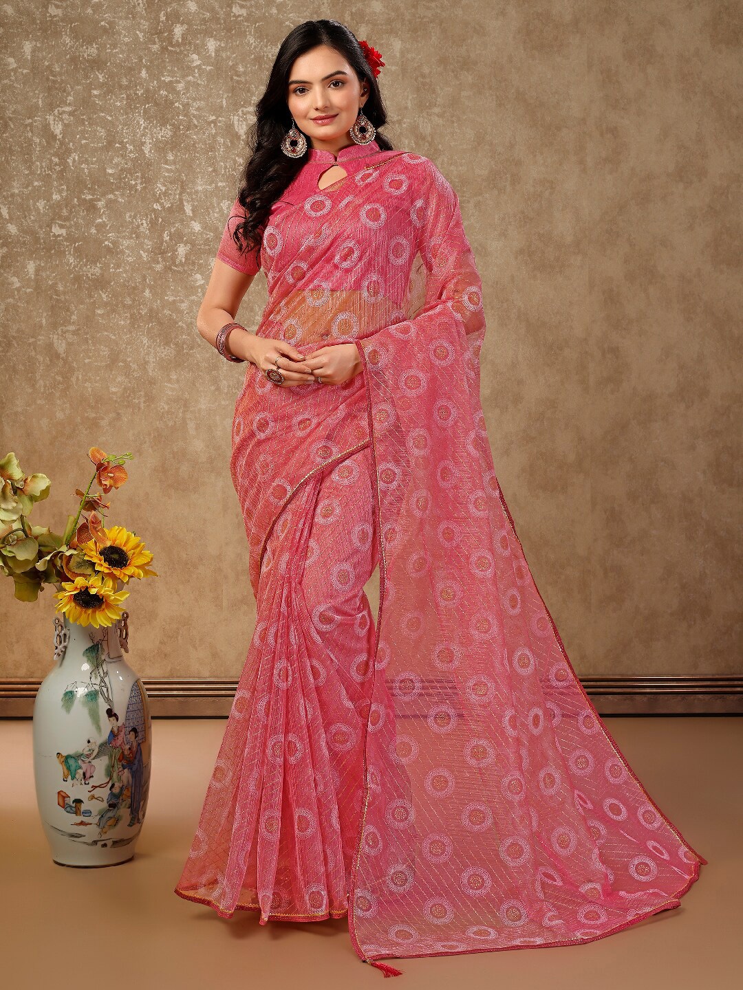 

HERE&NOW Geometric Printed Zari Pure Chiffon Designer Saree, Pink