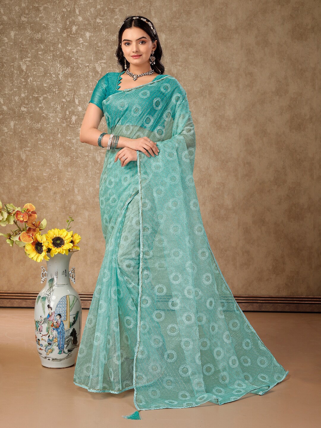 

HERE&NOW Geometric Printed Pure Chiffon Saree, Turquoise blue