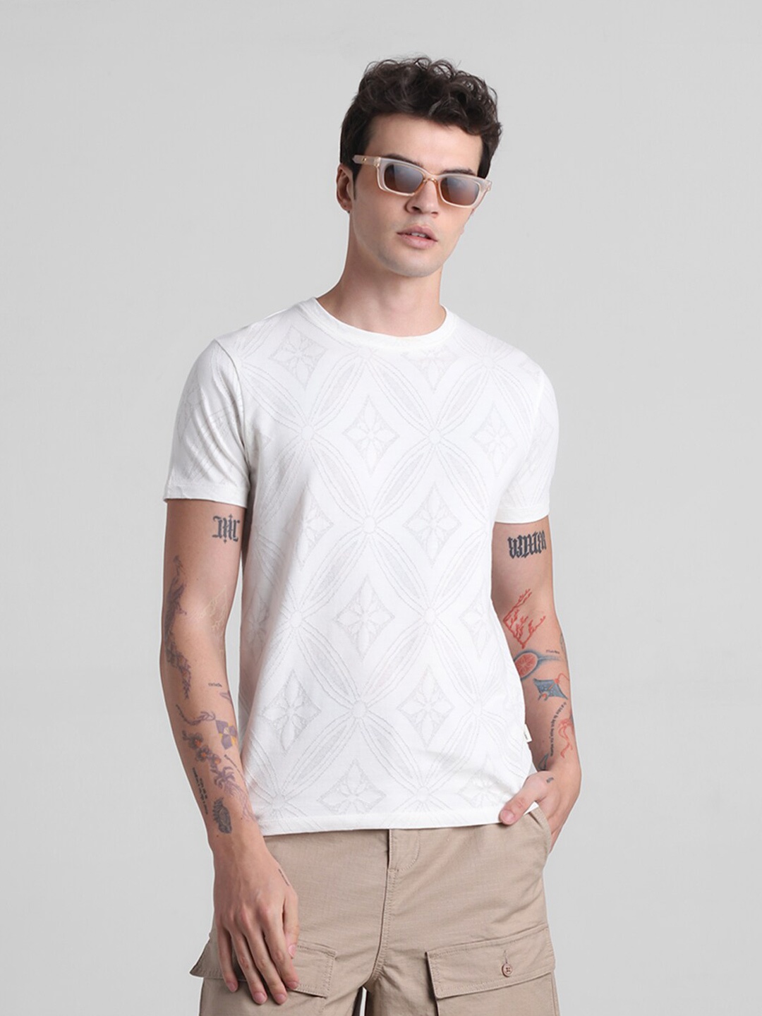 

Jack & Jones Geometric Printed Round Neck Cotton Slim Fit T-shirt, White