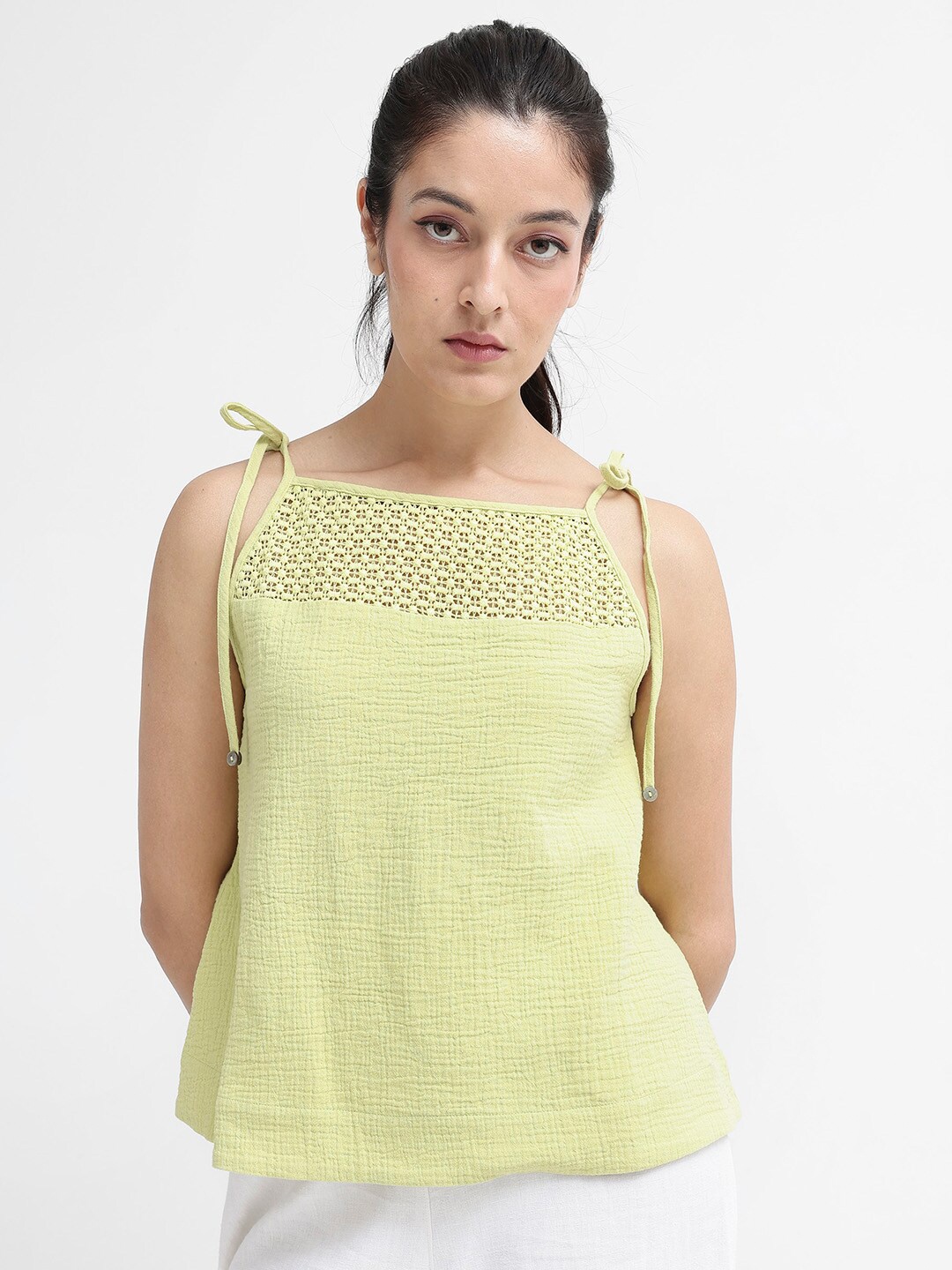 

RAREISM Self Design Shoulder Straps Cotton Top, Green