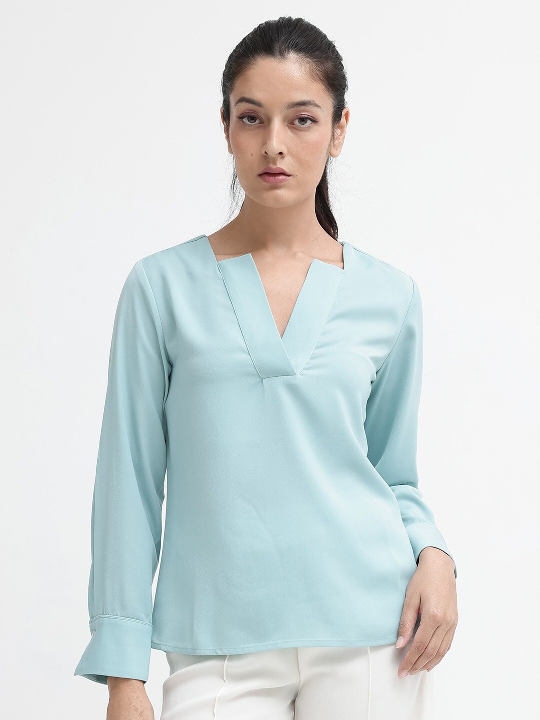

RAREISM V-Neck Cuffed Sleeves Regular Cotton Top, Blue