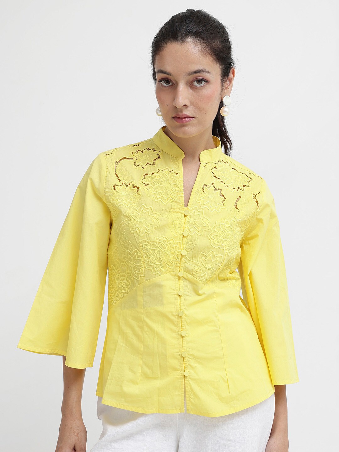 

RAREISM Self Design Mandarin Collar Flared Sleeve Cotton Top, Yellow