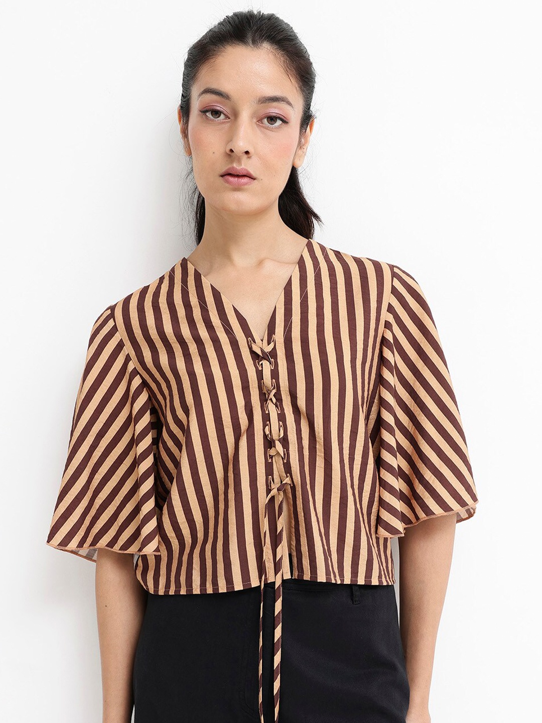 

RAREISM Striped V-Neck Flared Sleeve Cotton Top, Brown