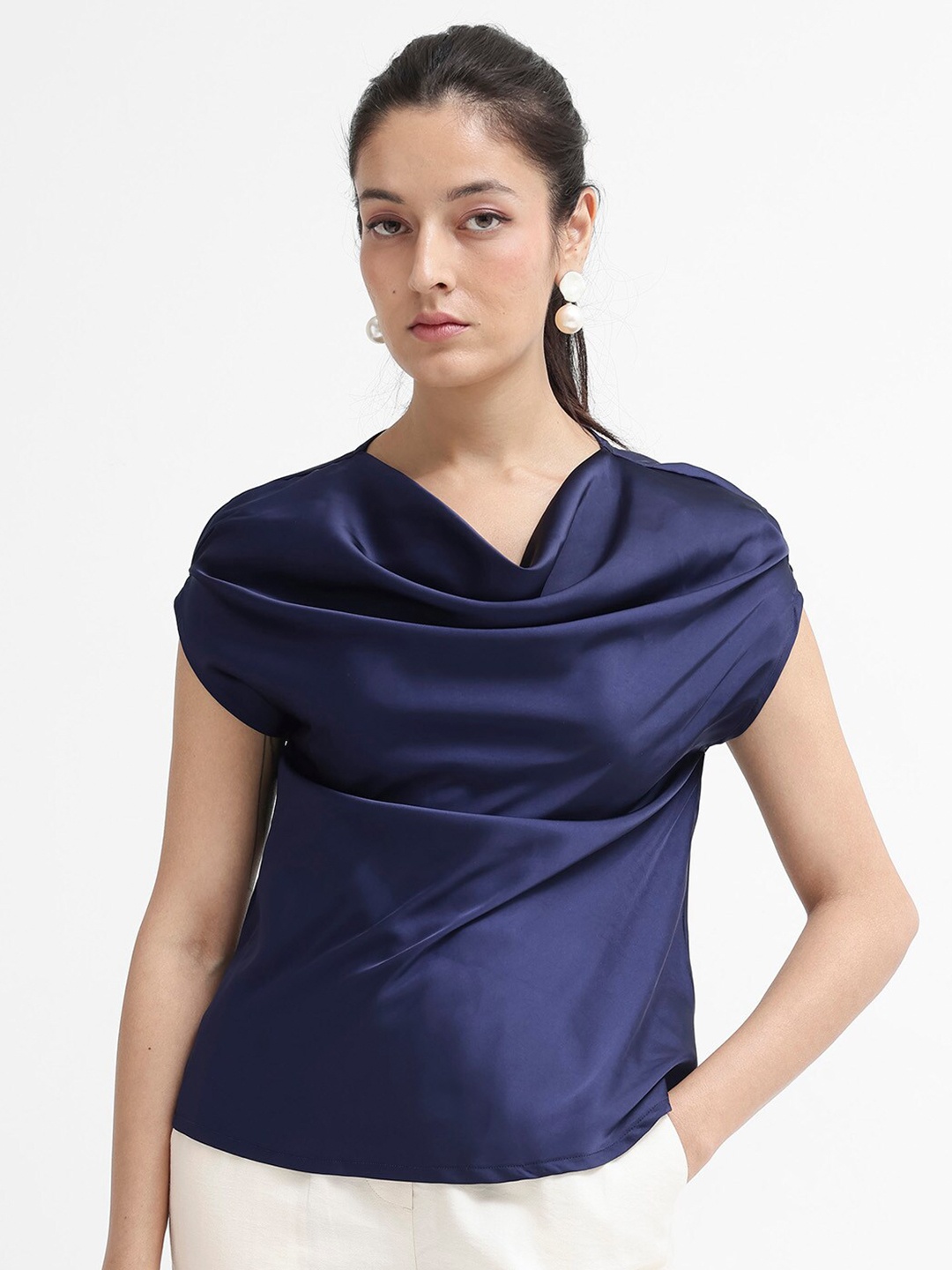 

RAREISM Cowl Neck Extended Sleeves Gathered Top, Navy blue