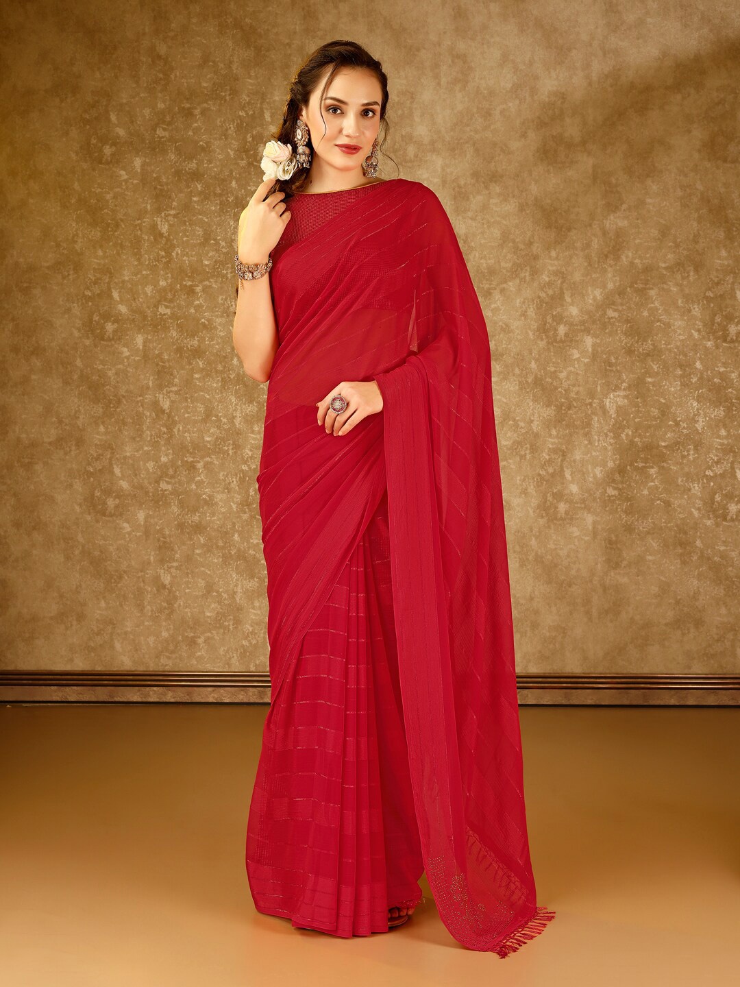 

KALINI Striped Jacquard Pure Chiffon Saree, Red