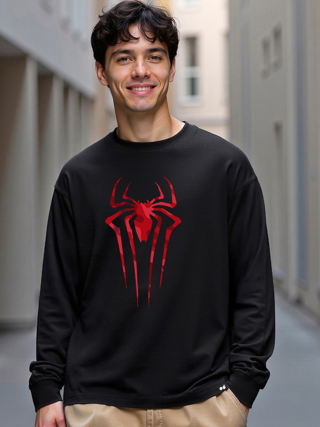 

Bewakoof Marvel Merchandise Spider Blend Graphic Printed Pure Cotton Oversized T-shirt, Black