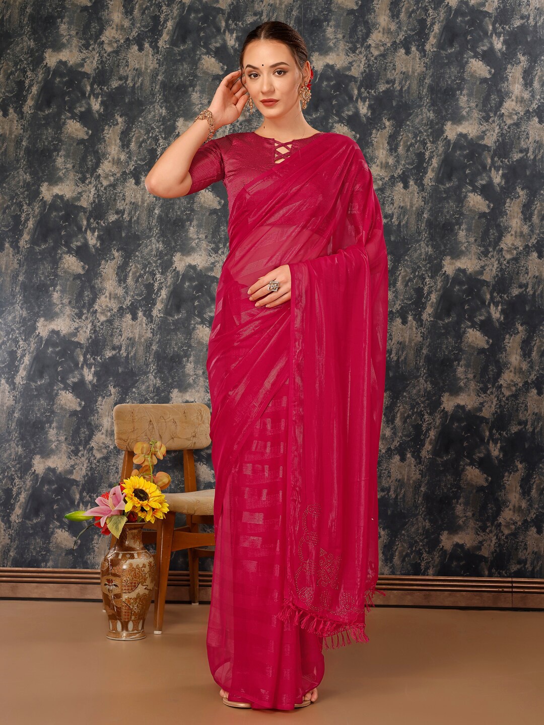 

KALINI Striped Pure Chiffon Jacquard Saree, Fuchsia