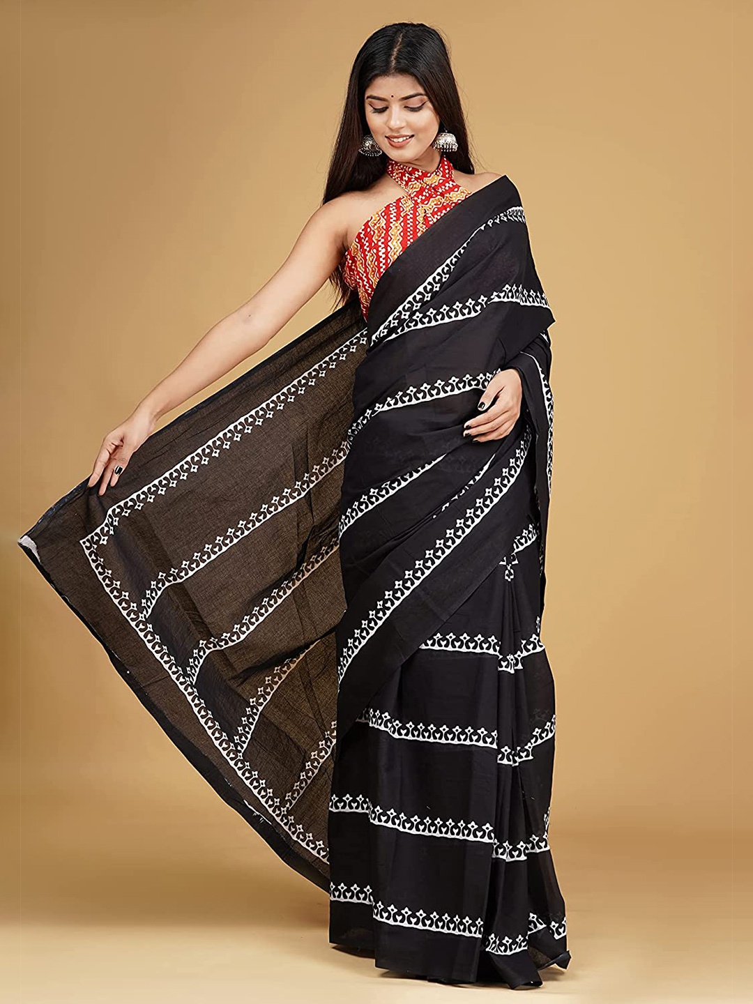 

Pinkcity Trade World Floral Pure Cotton Bagru Saree, Black