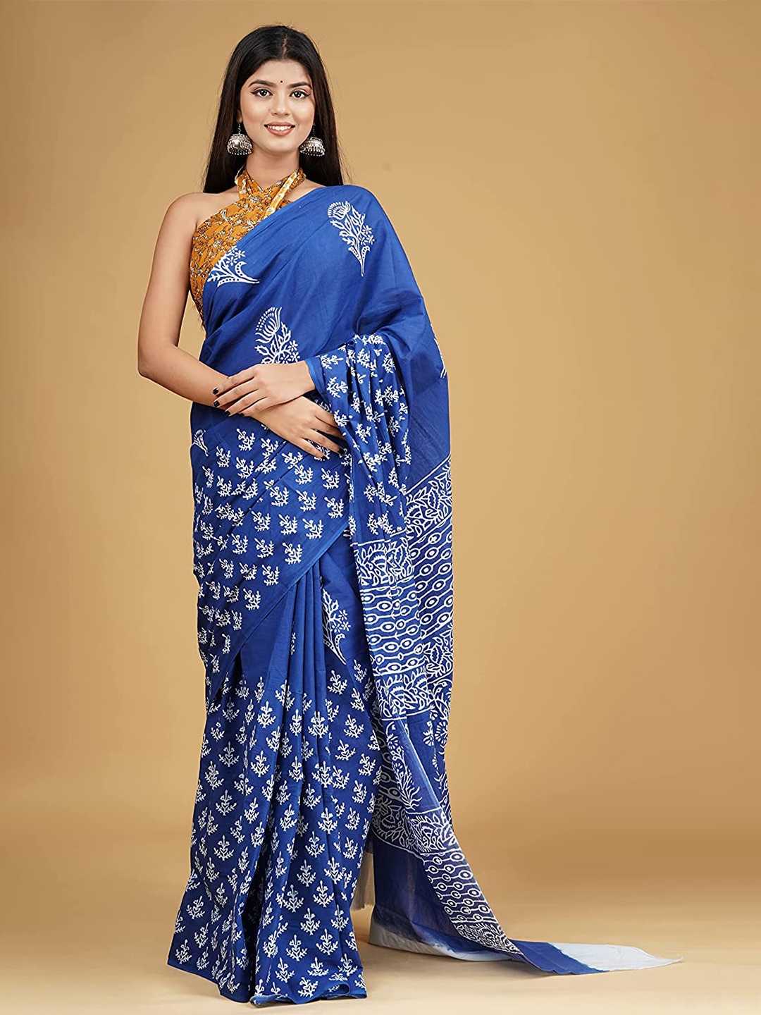 

Pinkcity Trade World Floral Pure Cotton Bagru Saree, Blue