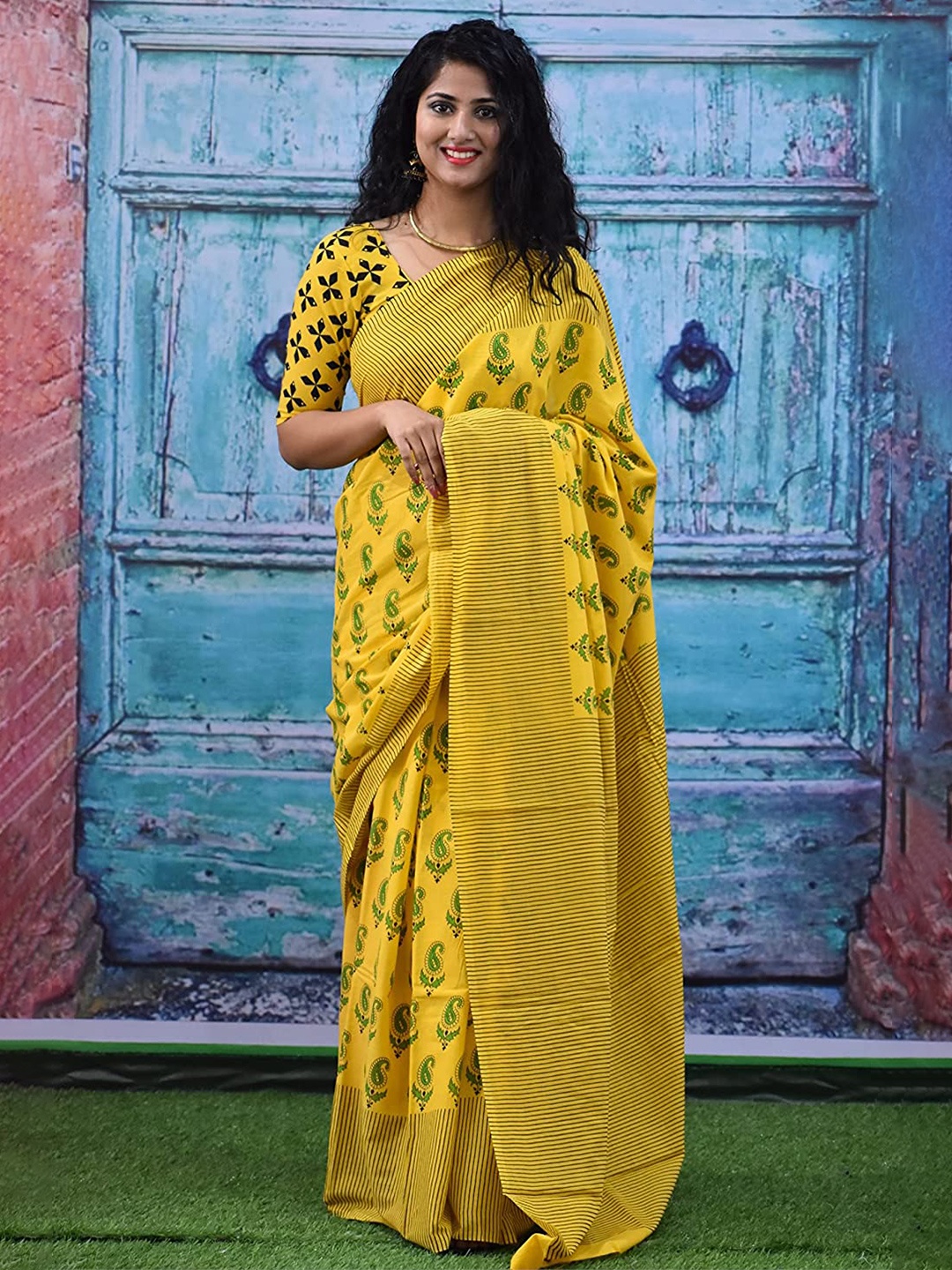 

Pinkcity Trade World Floral Pure Cotton Bagru Saree, Yellow