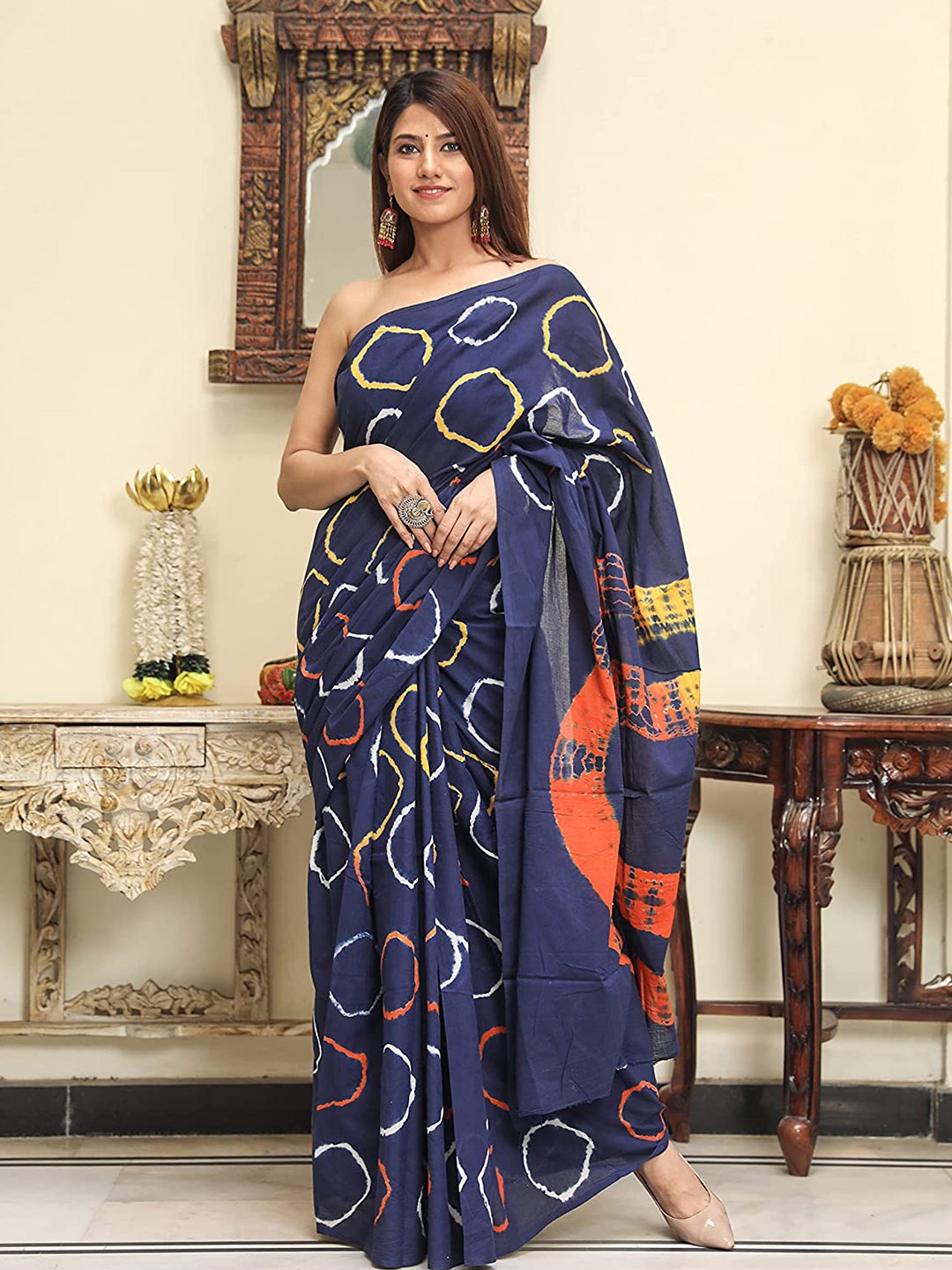 

Pinkcity Trade World Floral Pure Cotton Bagru Saree, Blue