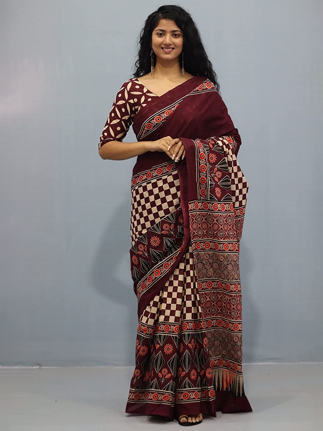 

Pinkcity Trade World Ethnic Motifs Printed Pure Cotton Bagru Saree, Maroon