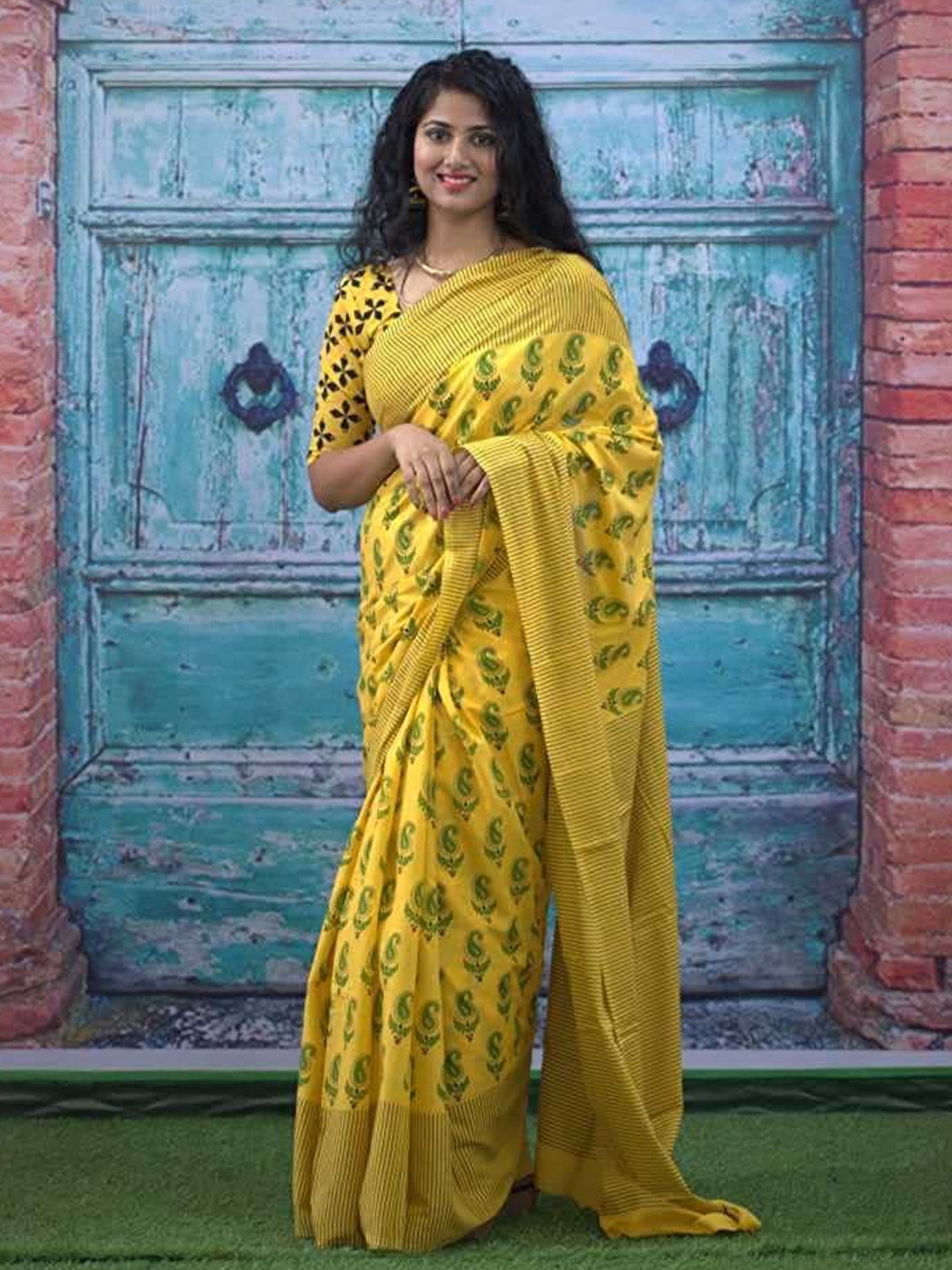 

Pinkcity Trade World Paisley Printed Pure Cotton Bagru Saree, Yellow