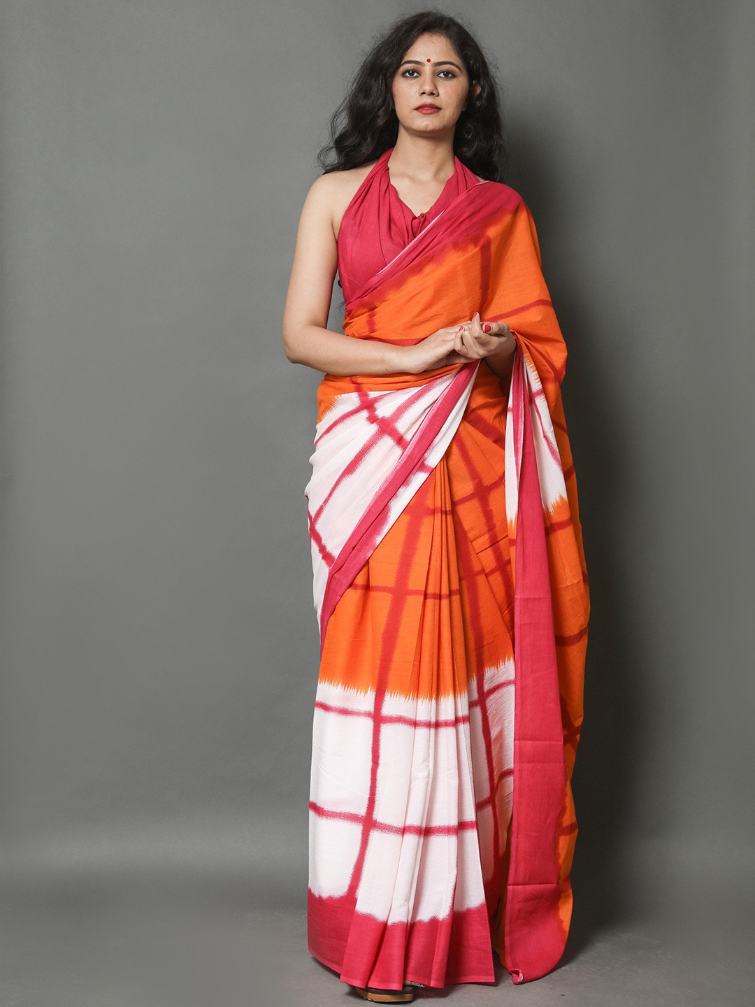 

Pinkcity Trade World Geometric Printed Pure Cotton Bagru Saree, Orange