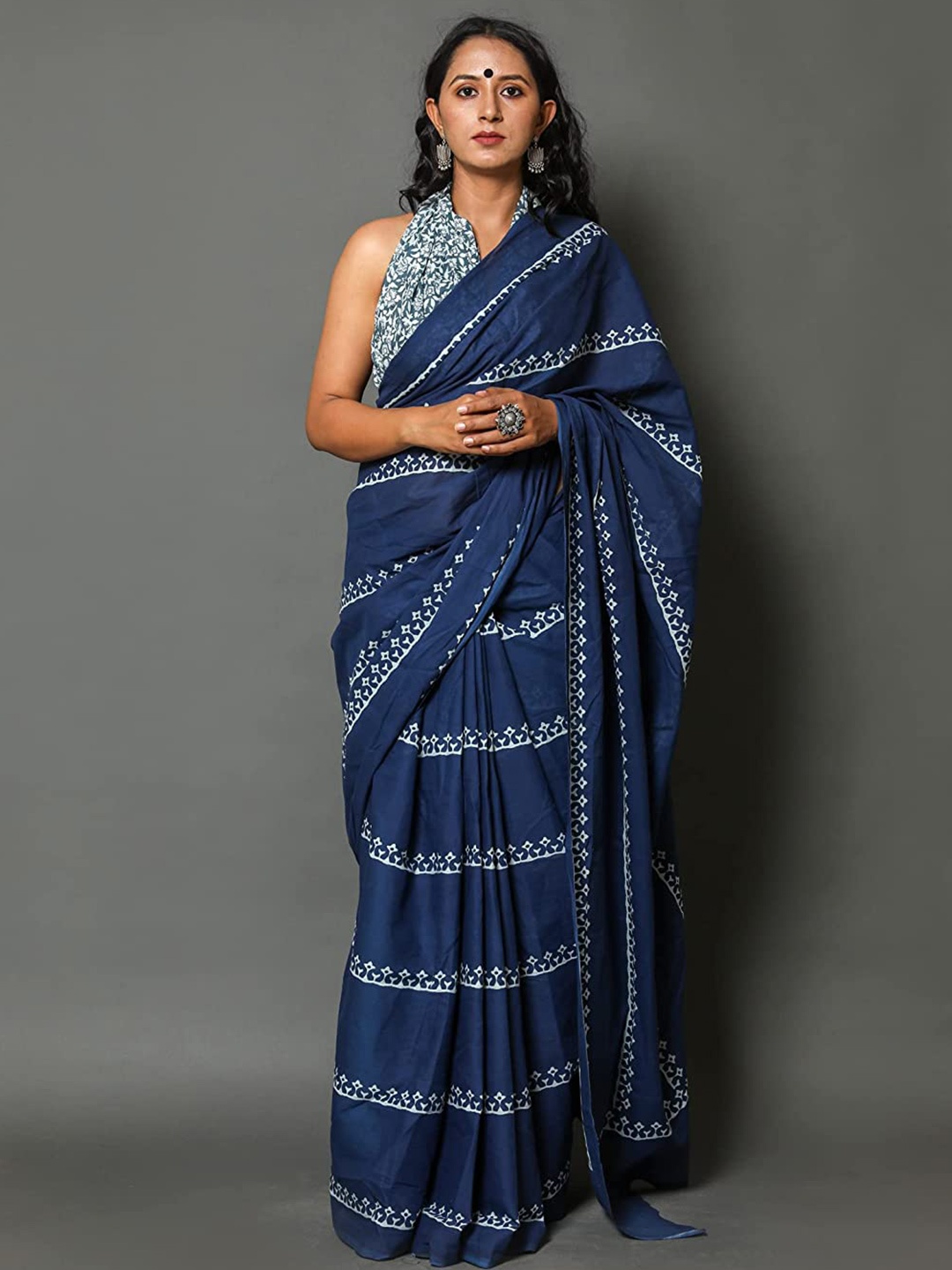 

Pinkcity Trade World Floral Pure Cotton Bagru Saree, Blue