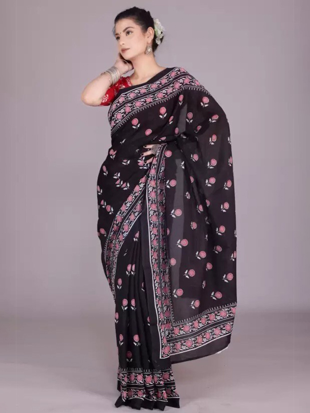 

Pinkcity Trade World Floral Pure Cotton Bagru Saree, Black