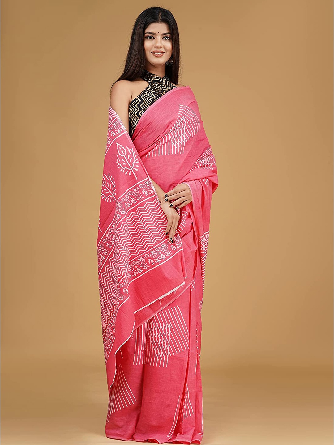 

Pinkcity Trade World Floral Printed Pure Cotton Bagru Saree, Pink