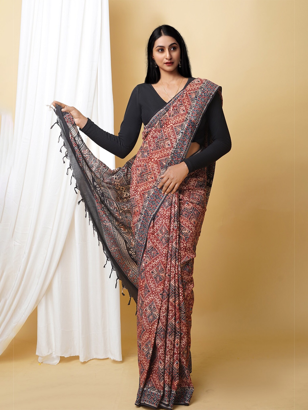 

Unnati Silks Ajrak Block Printed Chanderi Saree, Brown